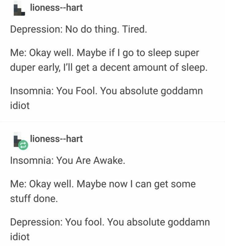 J lionesshart Depression No do thing Tired Me Okay well Maybe if go to sleep super duper early Ill get a decent amount of sleep Insomnia You Fool You absolute goddamn idiot b lioness hart Insomnia You Are Awake Me Okay well Maybe now can get some stuff done Depression You fool You absolute goddamn idiot