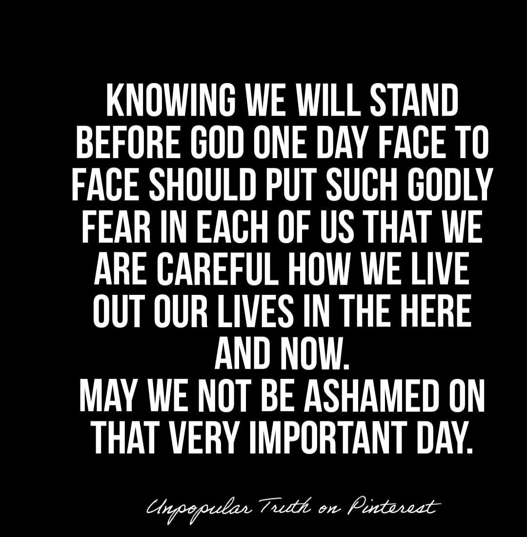 KNOWING WE WILL STAND BEFORE GOD ONE DAY FACE TO FACE SHOULD PUT SUCH GODLY FEAR IN EACH OF US THAT WE ARE CAREFUL HOW WE LIVE OUT OUR LIVES IN THE HERE AND NOW. MAY WE NOT BE ASHAMED ON THAT VERY IMPORTANT DAY. Unpopular Truth on Pinterest