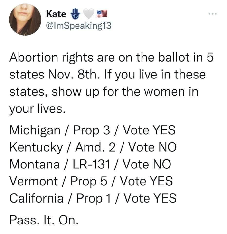 Kate ImSpeakingl3 Abortion rights are on the ballot in 5 states Nov 8th If you live in these states show up for the women in your lives Michigan Prop 3 Vote YES Kentucky Amd 2 Vote NO Montana LR 131 Vote NO Vermont Prop 5 Vote YES California Prop 1 Vote YES Pass It On