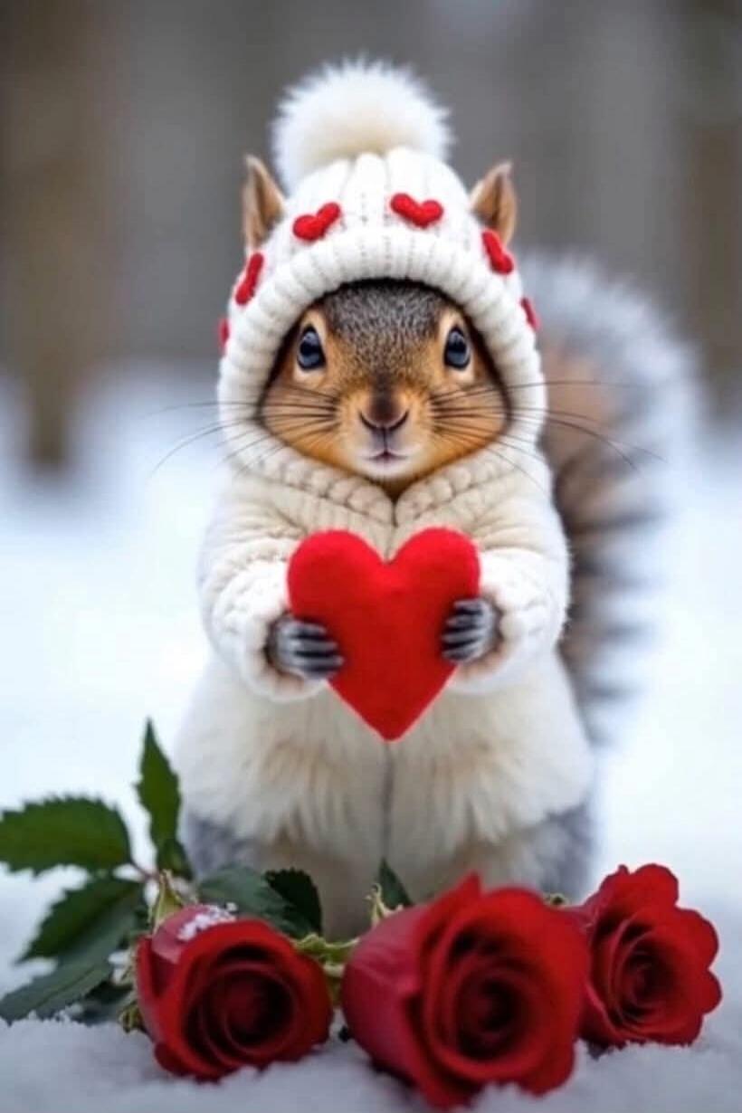 A cute squirrel in a white winter outfit holding a red heart, with red roses on the snow.
