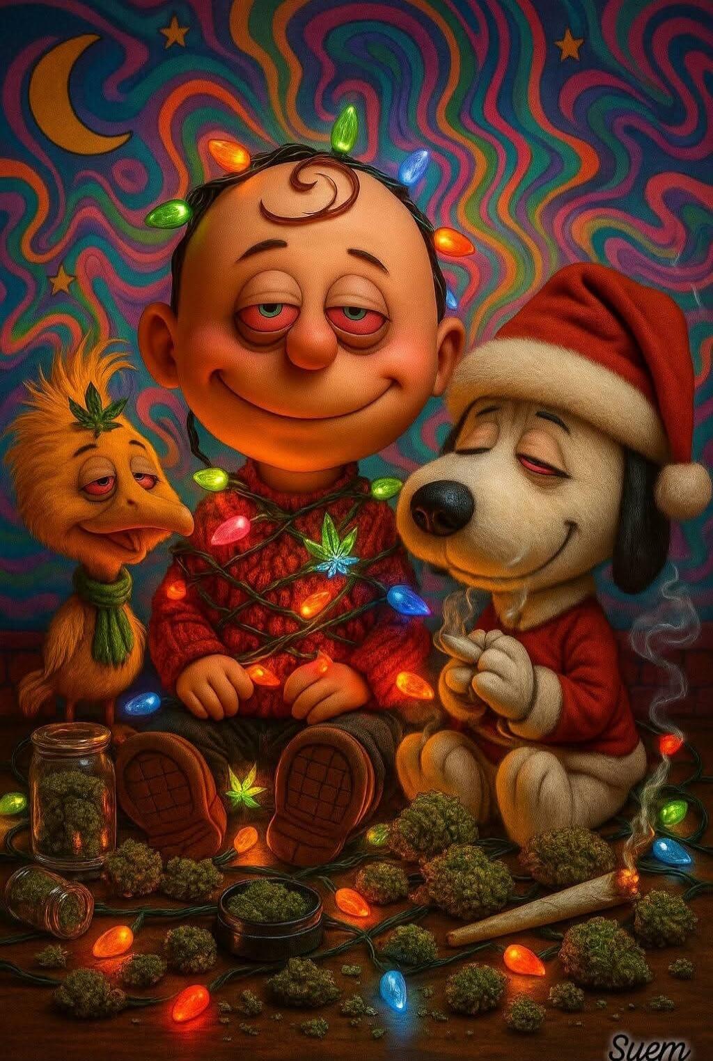 Charlie Brown and Snoopy from the Peanuts wearing Christmas lights and a Santa hat, with Woodstock nearby. They are surrounded by colorful holiday lights and cannabis-related items on the ground, including cannabis buds in jars and containers, suggesting a marijuana theme.
