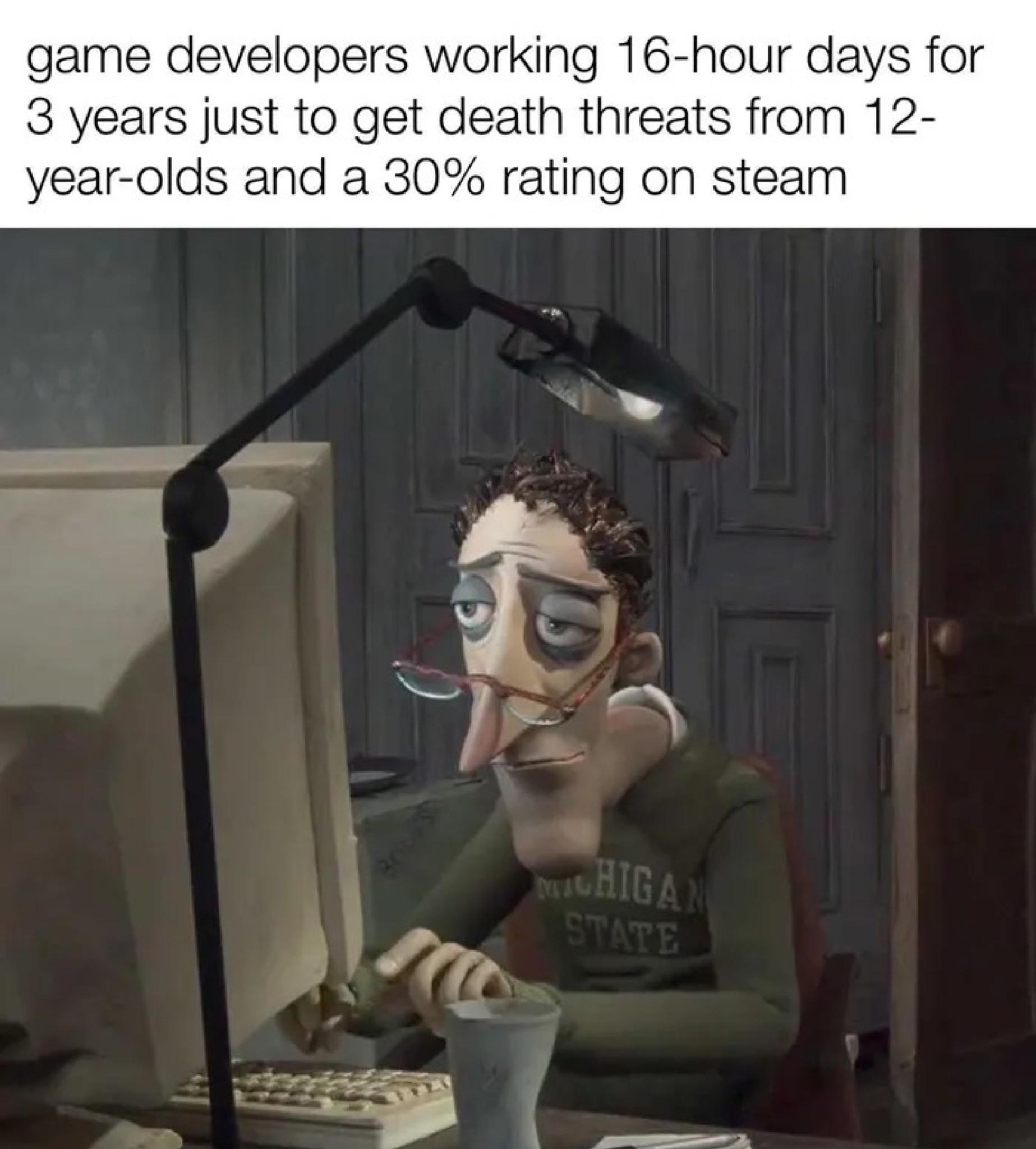game developers working 16 hour days for 3 years just to get death threats from 12 year olds and a 30 rating on steam