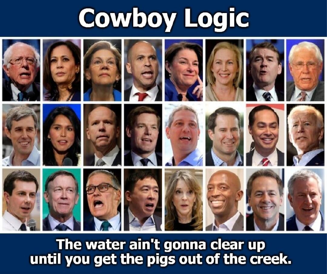 Cowboy Logic The water ain't gonna clear up until you get the pigs out of the creek.