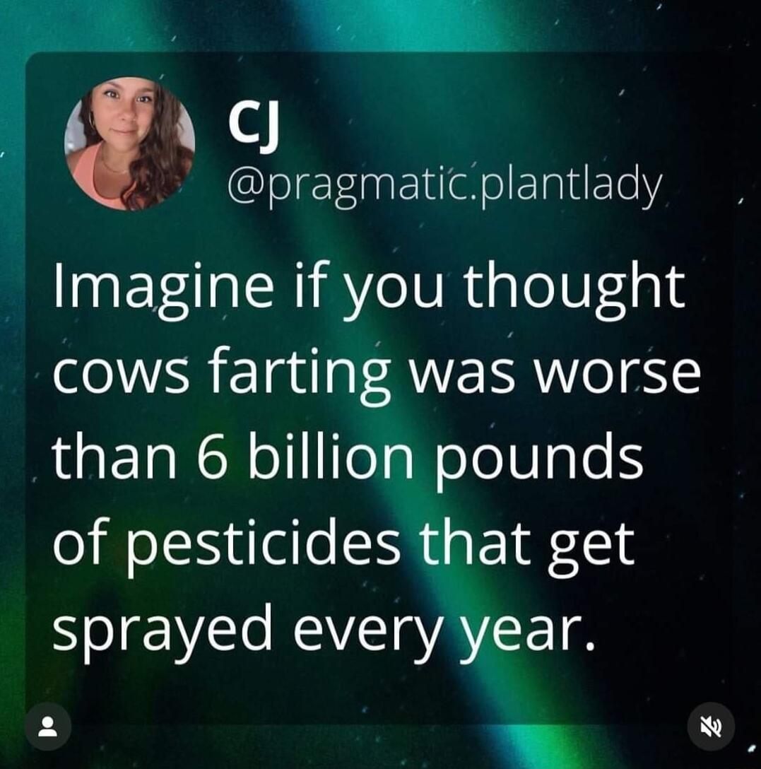 o Y pragmaticplantlady Imagine if you thought cows farting was worse than 6 billion pounds of pesticides that get sprayed every year 2 N 5