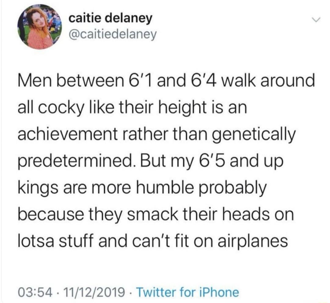 caitie delaney @caitiedelaney Men between 6'1 and 6'4 walk around all cocky like their height is an achievement rather than genetically predetermined. But my 6'5 and up kings are more humble probably because they smack their heads on lotsa stuff and can't fit on airplanes 03:54 · 11/12/2019 · Twitter for iPhone