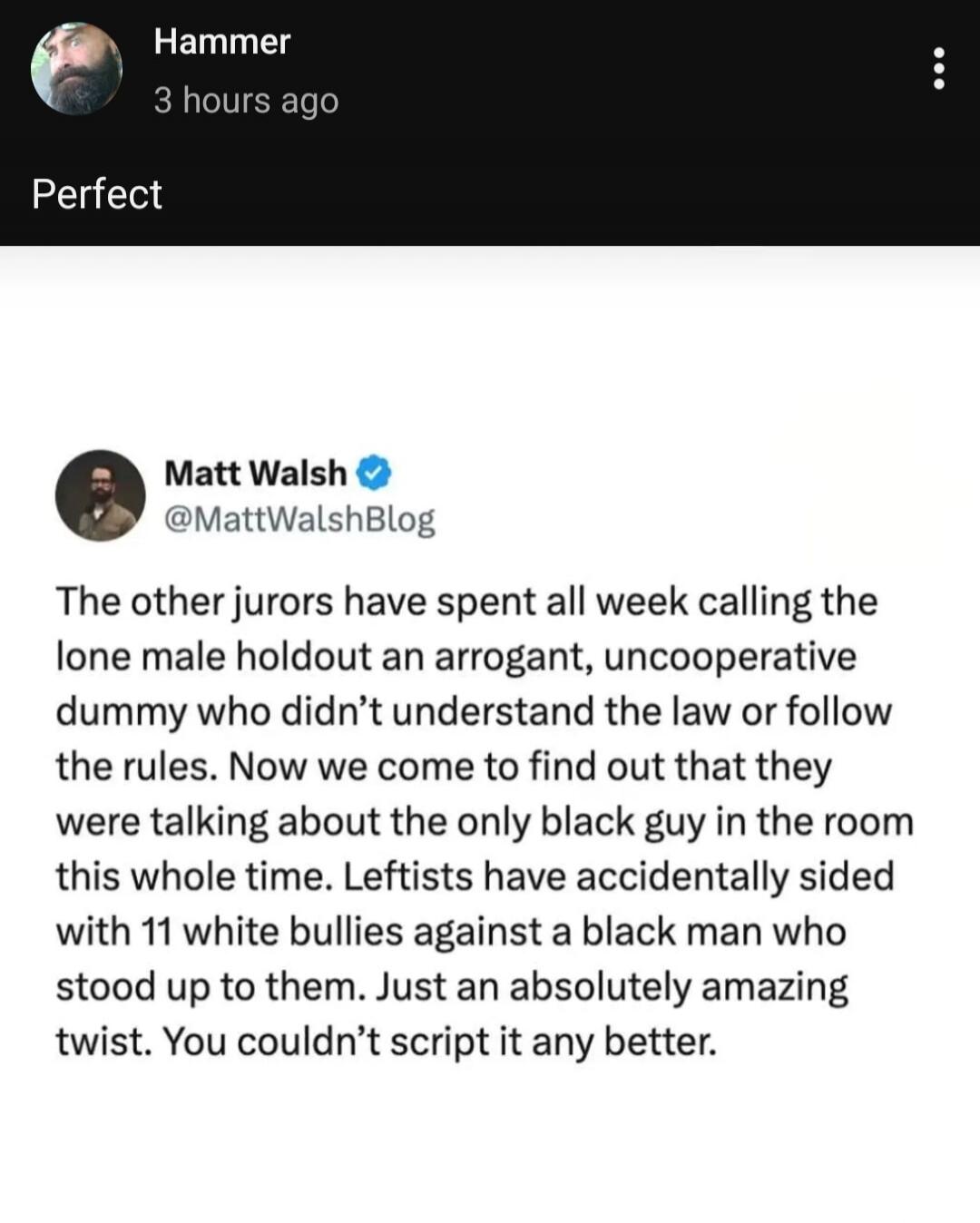 Hammer 3 hours ago Perfect Matt Walsh @MattWalshBlog The other jurors have spent all week calling the lone male holdout an arrogant, uncooperative dummy who didn't understand the law or follow the rules. Now we come to find out that they were talking about the only black guy in the room this whole time. Leftists have accidentally sided with 11 whit
