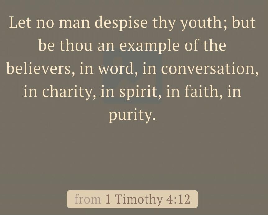 Let no man despise thy youth; but be thou an example of the believers, in word, in conversation, in charity, in spirit, in faith, in purity. from 1 Timothy 4:12