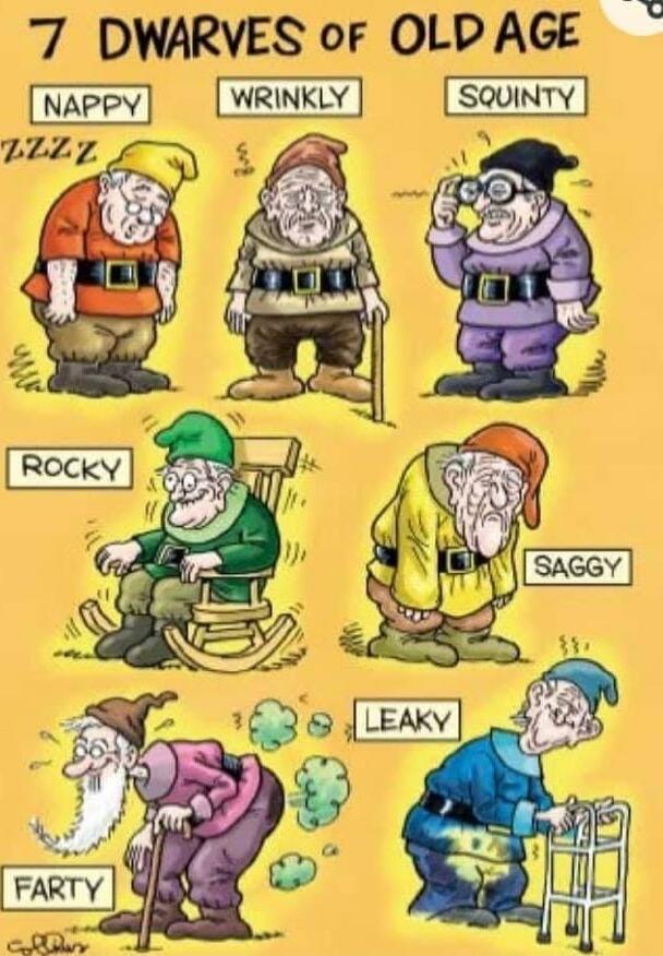 7 DWARVES OF OLD AGE
NAPPY
WRINKLY
SQUINTY
ROCKY
SAGGY
FARTY
LEAKY