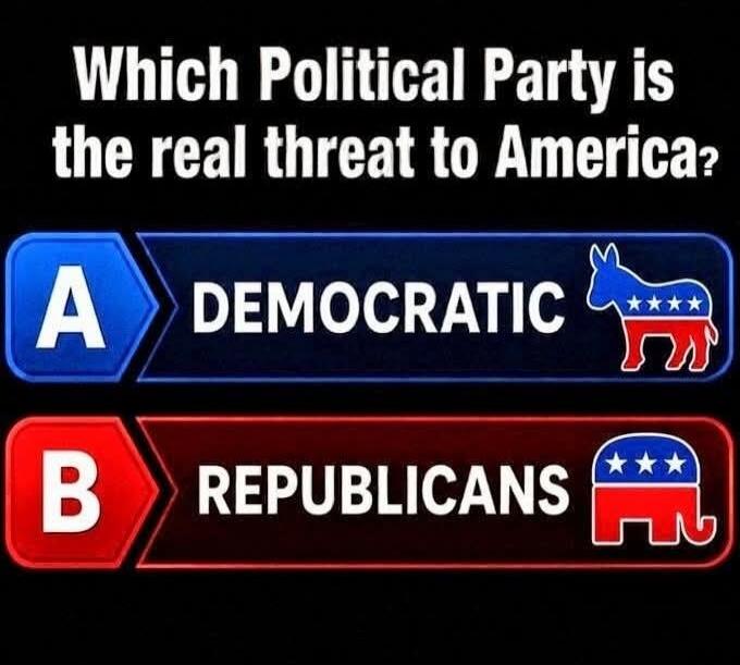 Which Political Party is the real threat to America? A DEMOCRATIC B REPUBLICANS