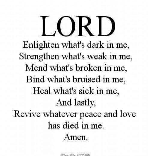 LORD
Enlighten what's dark in me,
Strengthen what's weak in me,
Mend what's broken in me,
Bind what's bruised in me,
Heal what's sick in me,
And lastly,
Revive whatever peace and love has died in me.
Amen.