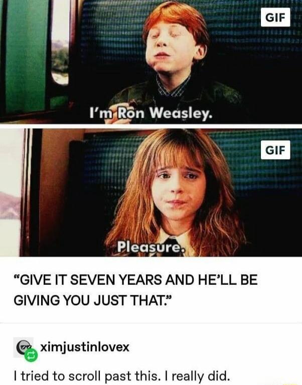 I'm Ron Weasley. Pleasure. GIVE IT SEVEN YEARS AND HE'LL BE GIVING YOU JUST THAT. I tried to scroll past this. I really did.