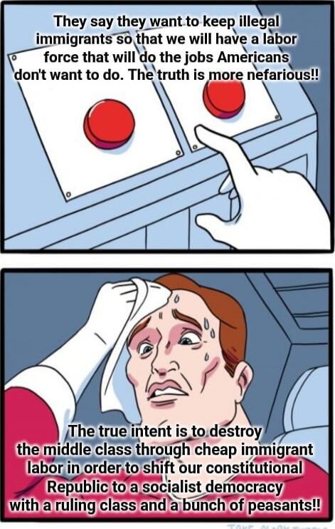 They say they want to keep illegal immigrants so that we will have a labor force that will do the jobs Americans don't want to do. The truth is more nefarious!! The true intent is to destroy the middle class cheap immigrant labor in order to shift our constitutional Republic to a socialist democracy with a ruling class and a bunch of peasants!!