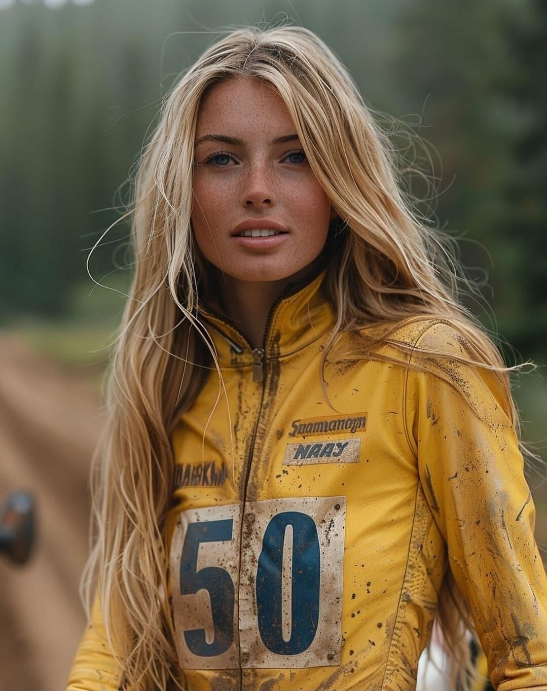 The image shows a close-up portrait of a young woman with long blonde hair and freckles. She is wearing a yellow racing jacket with the number 