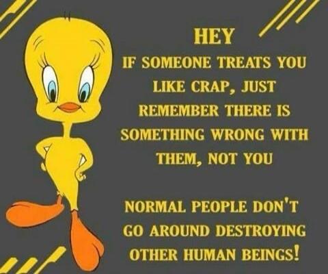 HEY IF SOMEONE TREATS YOU LIKE CRAP, JUST REMEMBER THERE IS SOMETHING WRONG WITH THEM, NOT YOU NORMAL PEOPLE DON'T GO AROUND DESTROYING OTHER HUMAN BEINGS!