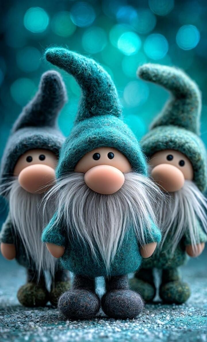 Three small gnome figurines with long white beards wearing teal outfits and hats standing on a blue-speckled surface, with a blurred turquoise background.