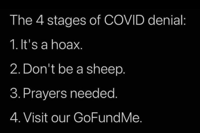 The 4 stages of COVID denial 11ts a hoax 2Dont be a sheep 3 Prayers needed 4 Visit our GoFundMe
