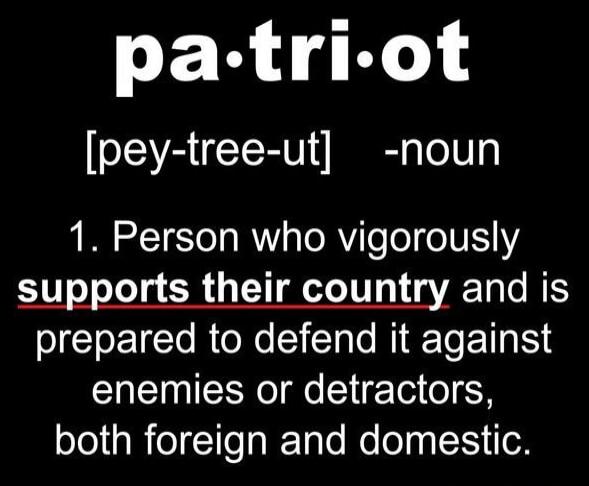 patriot [pey-tree-ut] -noun 1. Person who vigorously supports their country and is prepared to defend it against enemies or detractors, both foreign and domestic.
