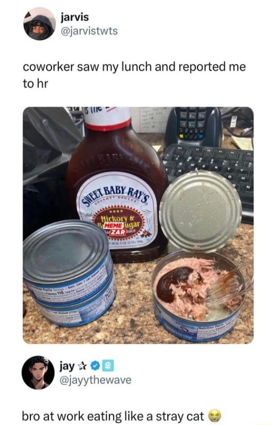 coworker saw my lunch and reported me tohr jayx l jayythewave bro at work eating like a stray cat