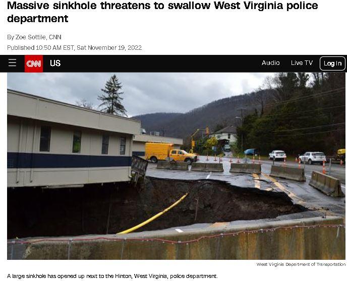Massive sinkhole threatens to swallow West Virginia police department