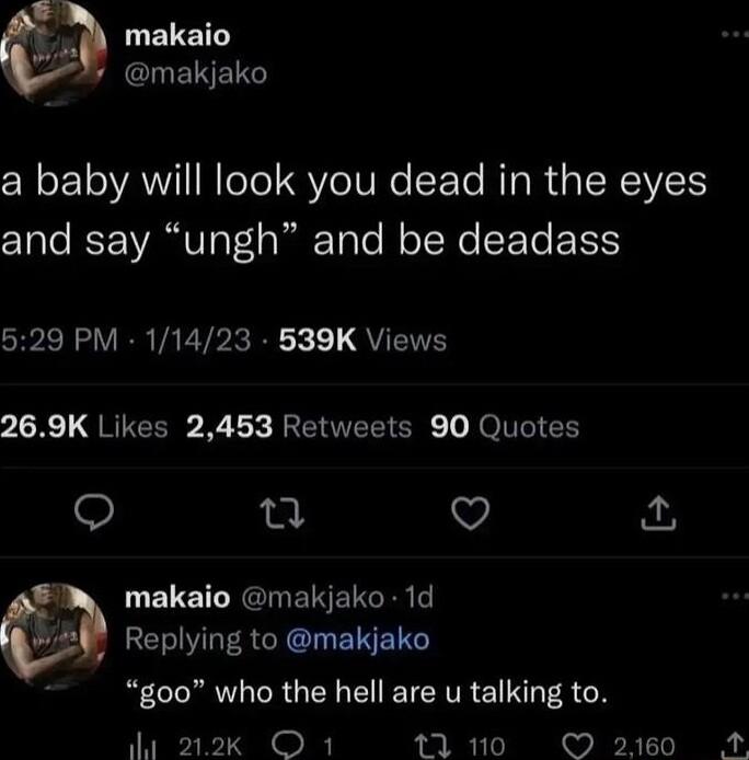 makaio CIETNETGY a baby will look you dead in the eyes and say ungh and be deadass 529 PM 11423 539K Views 21K QRUCER R L JRERVECTEN o o EES Q e V makaio makjako 1d Replying to makjako goo who the hell are u talking to W 212k O 1 10 2160