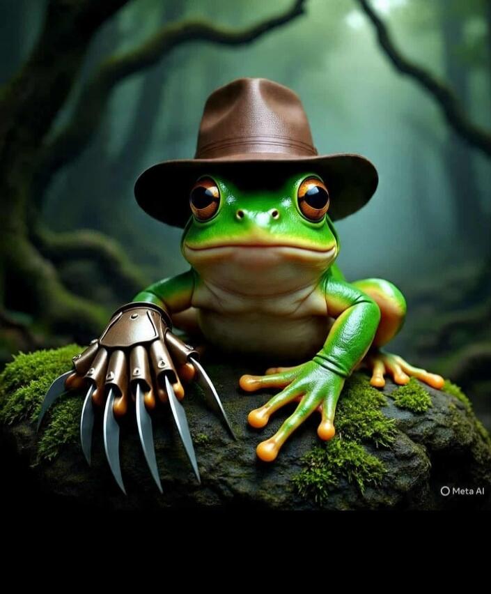 Green frog wearing a brown hat with a metallic claw on its front paw.
