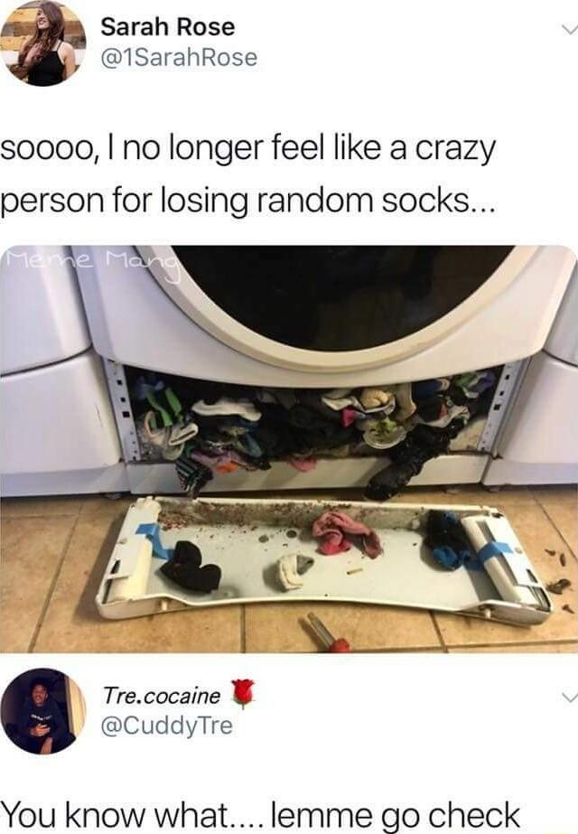 Sarah Rose 1SarahRose s0000 no longer feel like a crazy person for losing random socks Trecocaine CuddyTre You know what lemme go check