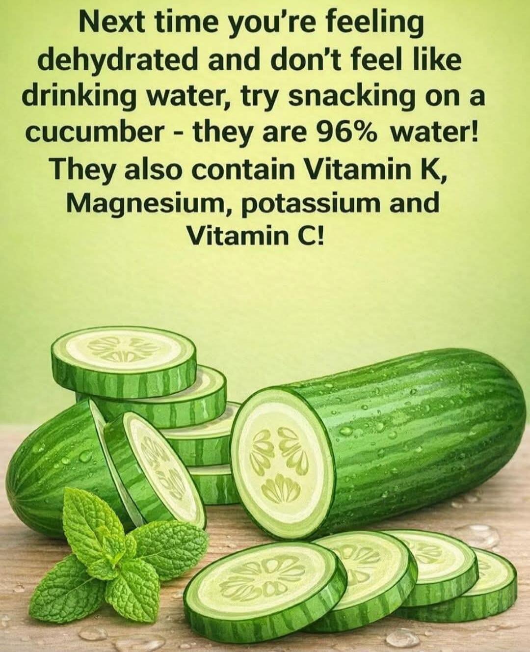 Next time you're feeling dehydrated and don't feel like drinking water, try snacking on a cucumber - they are 96% water! They also contain Vitamin K, Magnesium, potassium and Vitamin C!