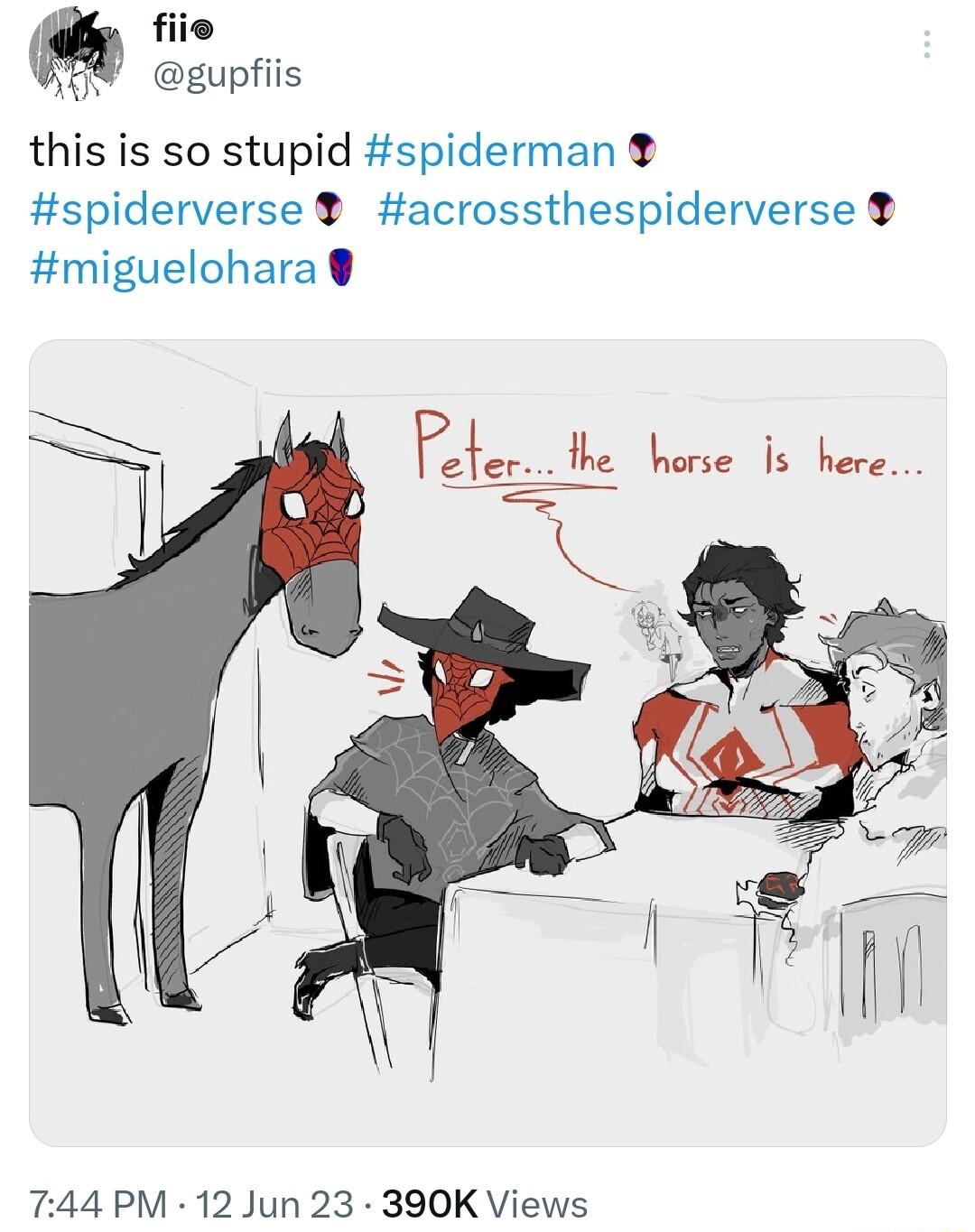 this is so stupid spiderman spiderverse acrossthespiderverse miguelohara 744 PM 12 Jun 23 390K Views