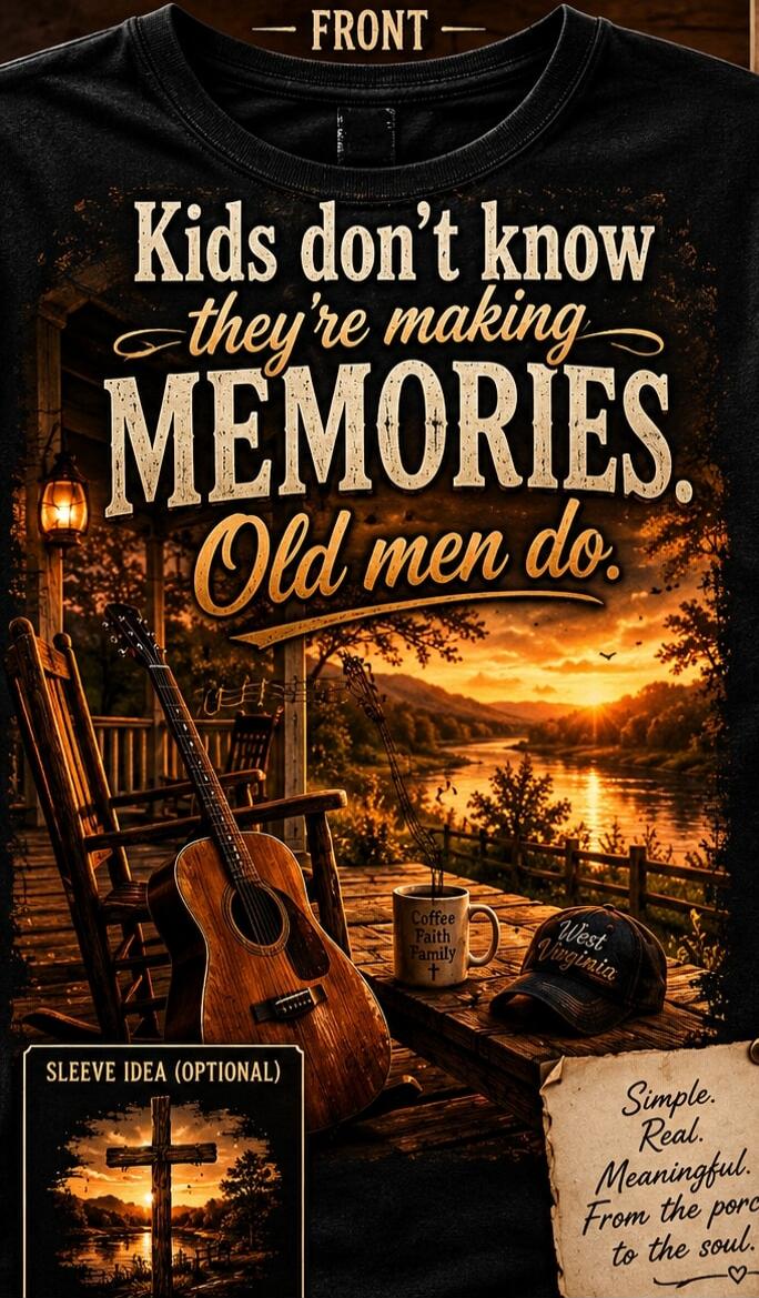 FRONT Kids don't know they're making MEMORIES. Old men do. Coffee Faith Family + West Virginia SLEEVE IDEA (OPTIONAL) Simple. Real. Meaningful. From the porch to the soul.