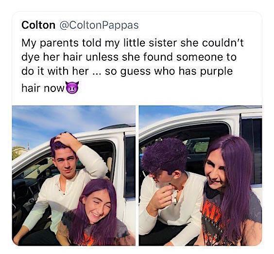 Colton ColtonPappas My parents told my little sister she couldnt dye her hair unless she found someone to do it with her so guess who has purple hair nowlg
