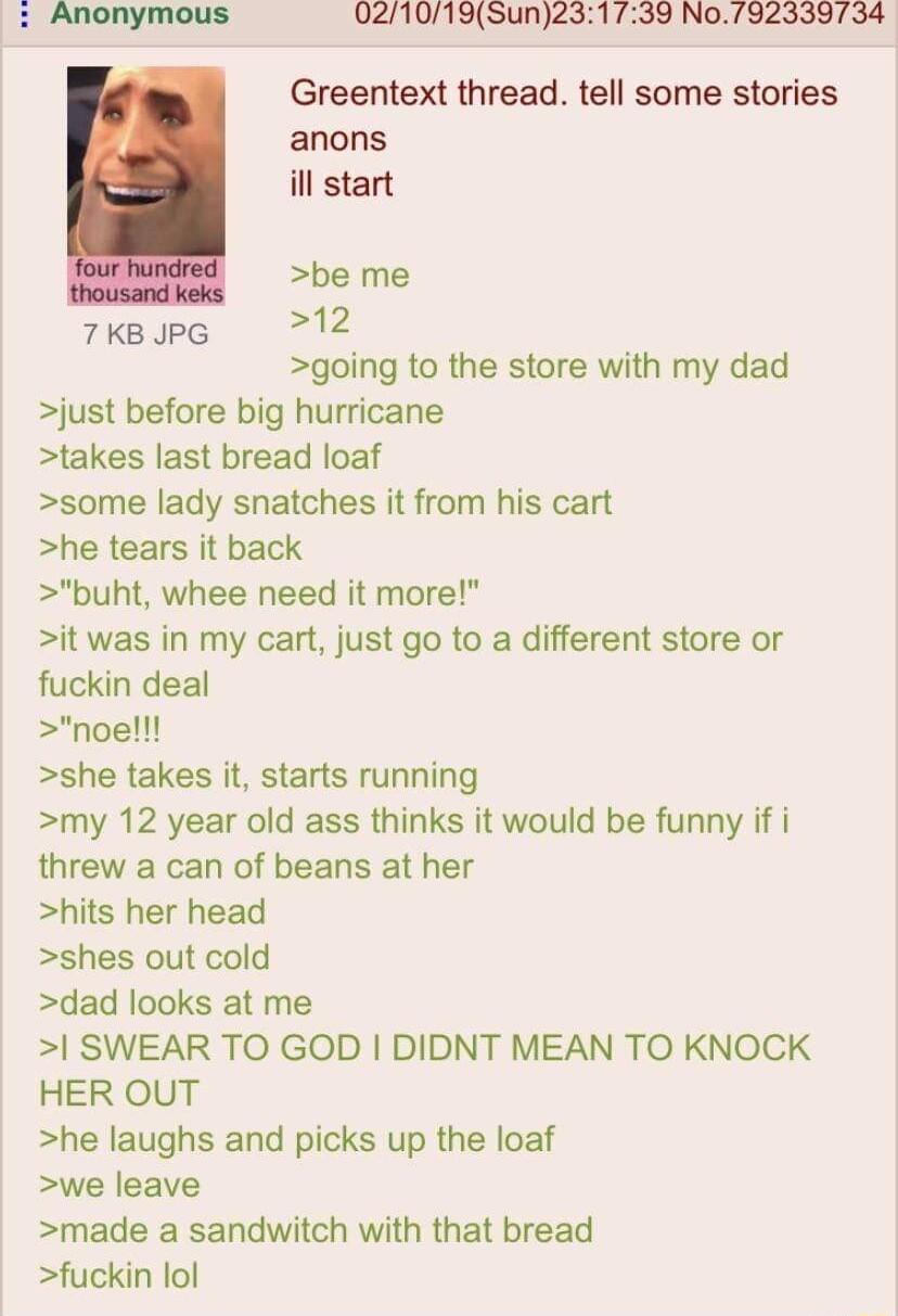 Anonymous 021019Sun231739 No792339734 Greentext thread tell some stories anons ill start be me 7kespe 12 going to the store with my dad just before big hurricane takes last bread loaf some lady snatches it from his cart he tears it back buht whee need it more it was in my cart just go to a different store or fuckin deal noe she takes it starts running my 12 year old ass thinks it would be funny if