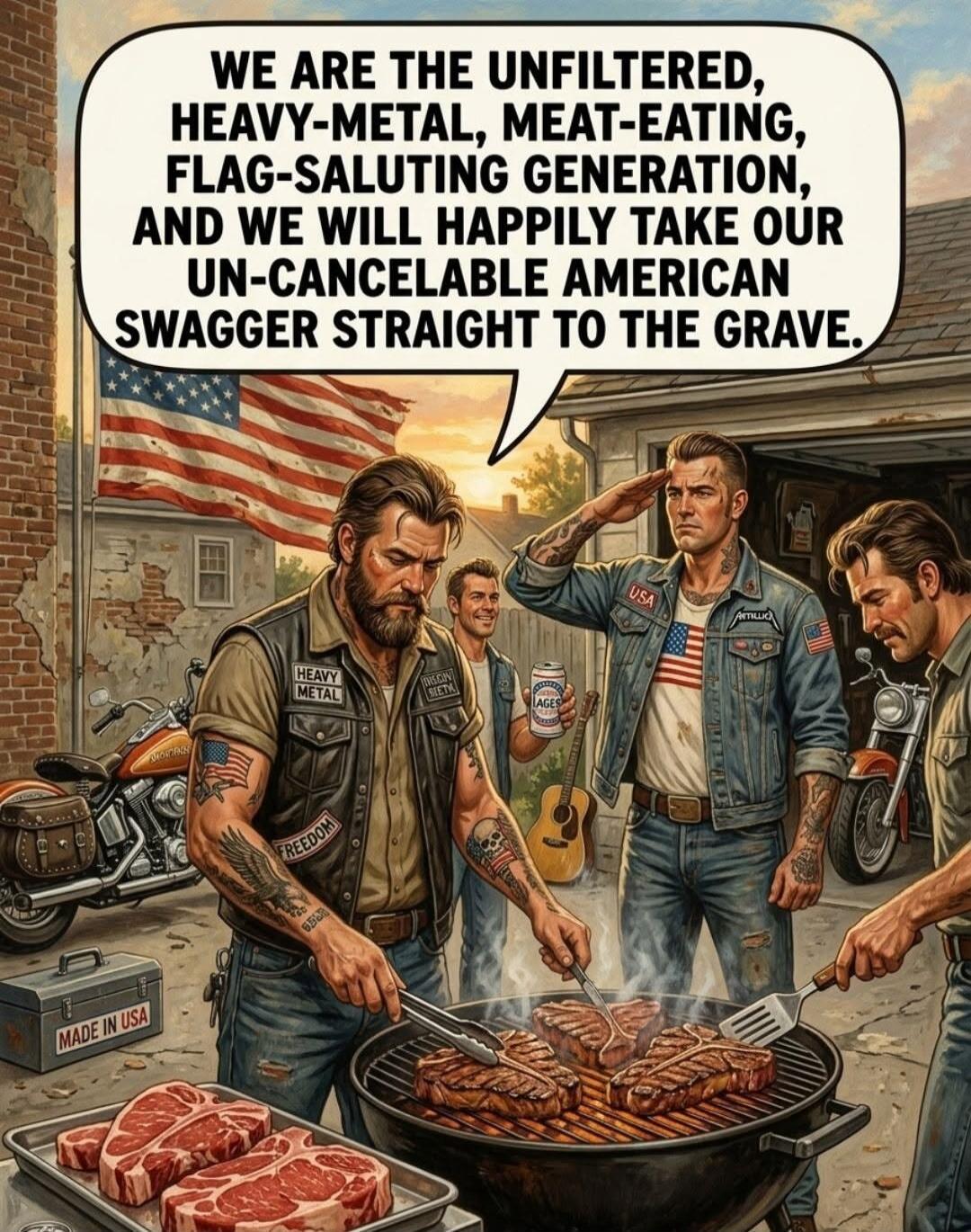 WE ARE THE UNFILTERED, HEAVY-METAL, MEAT-EATING, FLAG-SALUTING GENERATION, AND WE WILL HAPPILY TAKE OUR UN-CANCELABLE AMERICAN SWAGGER STRAIGHT TO THE GRAVE. HEAVY METAL. FREEDOM. MADE IN USA. USA. AMERICA. AGES.