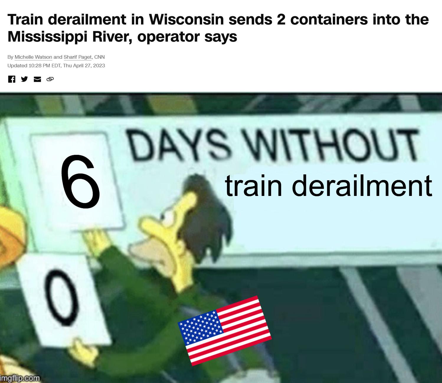 Train derailment in Wisconsin sends 2 containers into the I AN WA A DAYS WITHOUT 6 rain derailment
