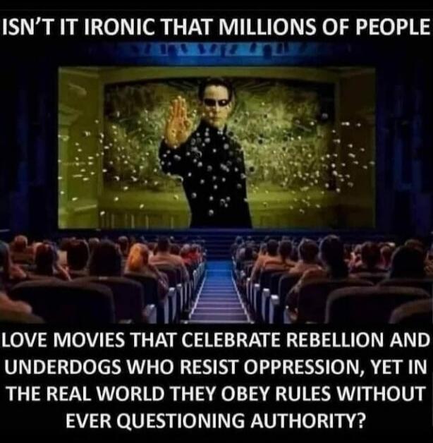 ISN'T IT IRONIC THAT MILLIONS OF PEOPLE LOVE MOVIES THAT CELEBRATE REBELLION AND UNDERDOGS WHO RESIST OPPRESSION, YET IN THE REAL WORLD THEY OBEY RULES WITHOUT EVER QUESTIONING AUTHORITY?