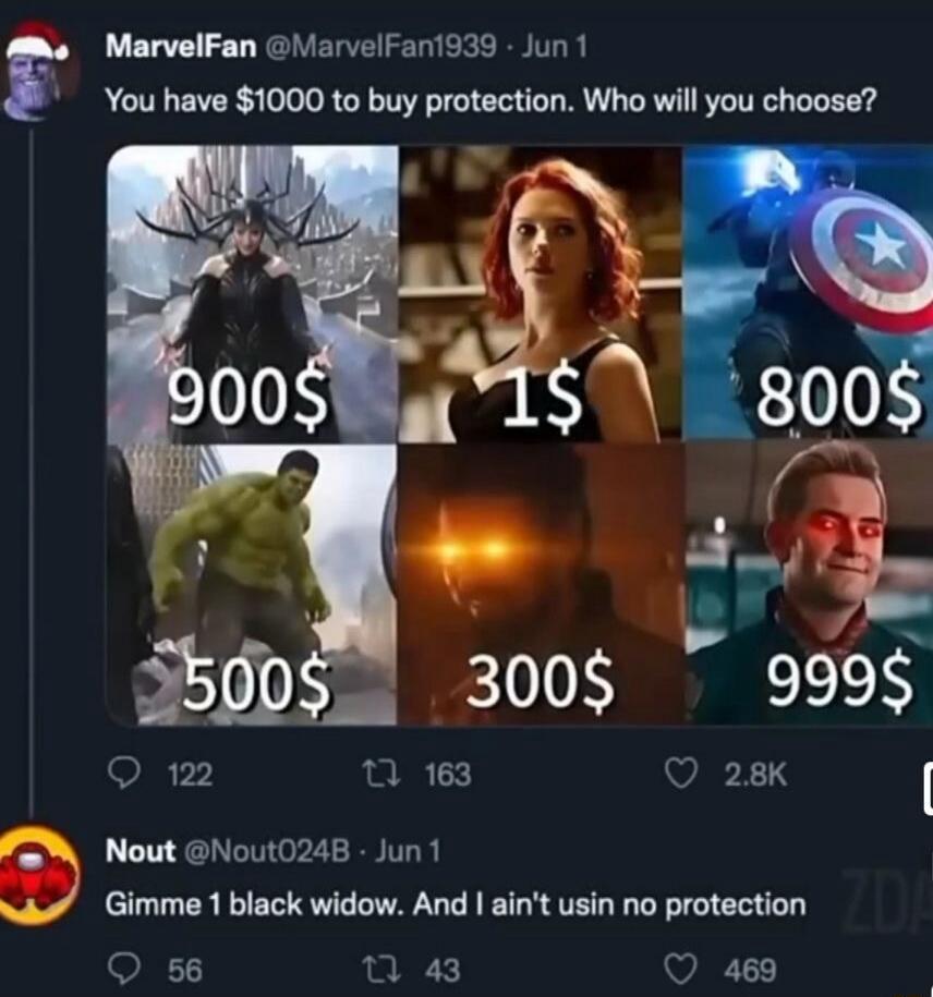 You have $1000 to buy protection. Who will you choose?
Hela 900$
Black Widow 1$
Captain America 800$
Hulk 500$
[Character with glowing eyes] 300$
Homelander 999$
Gimme 1 black widow. And I ain't usin no protection