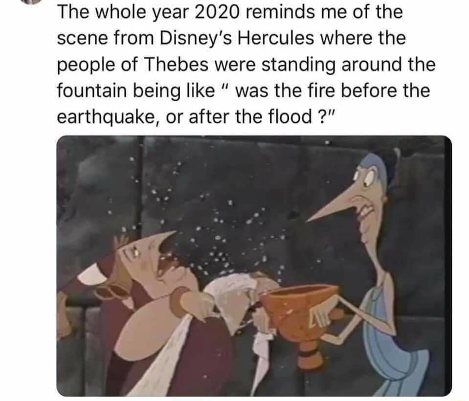 The whole year 2020 reminds me of the scene from Disneys Hercules where the people of Thebes were standing around the fountain being like was the fire before the earthquake or after the flood