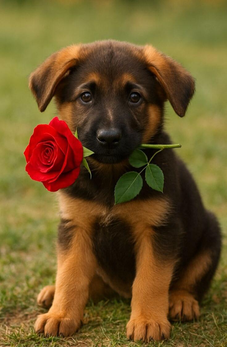 A small brown-and-black puppy sitting on grass with a red rose in its mouth.