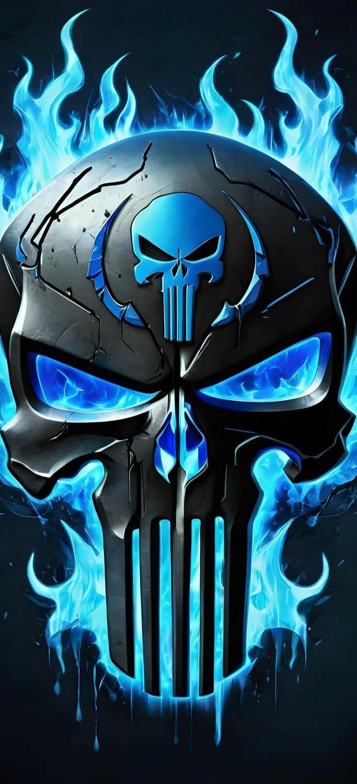 Blue flaming skull emblem resembling the Punisher logo.