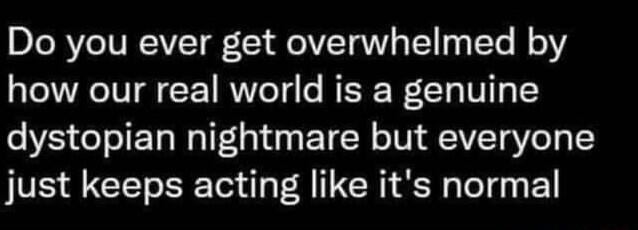 Do you ever get overwhelmed by how our real world is a genuine dystopian nightmare but everyone just keeps acting like its normal