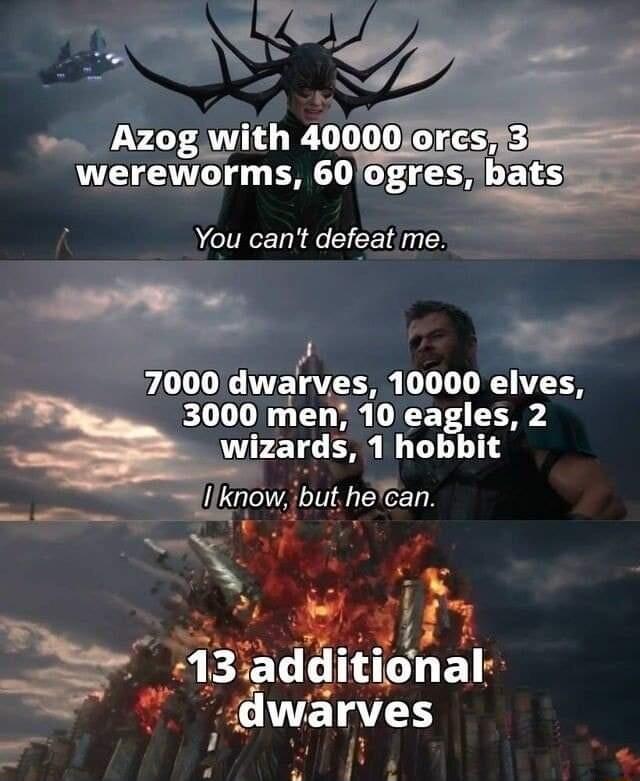 Azog with 40000iorcs wereworms 60ogres bats You cant defeatme 71 dwarvss 10000 elves L L0 TT e UCET 3 wizards 1 hobbit know but Ivecan