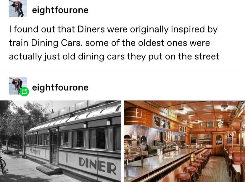 eightfourone Ifound out that Diners were originally inspired by train Dining Cars some of the oldest ones were actually just old dining cars they put on the street eightfourone