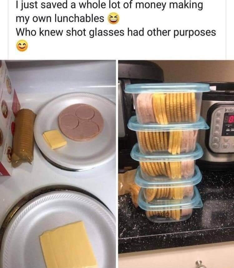 just saved a whole lot of money making my own lunchables Who knew shot glasses had other purposes