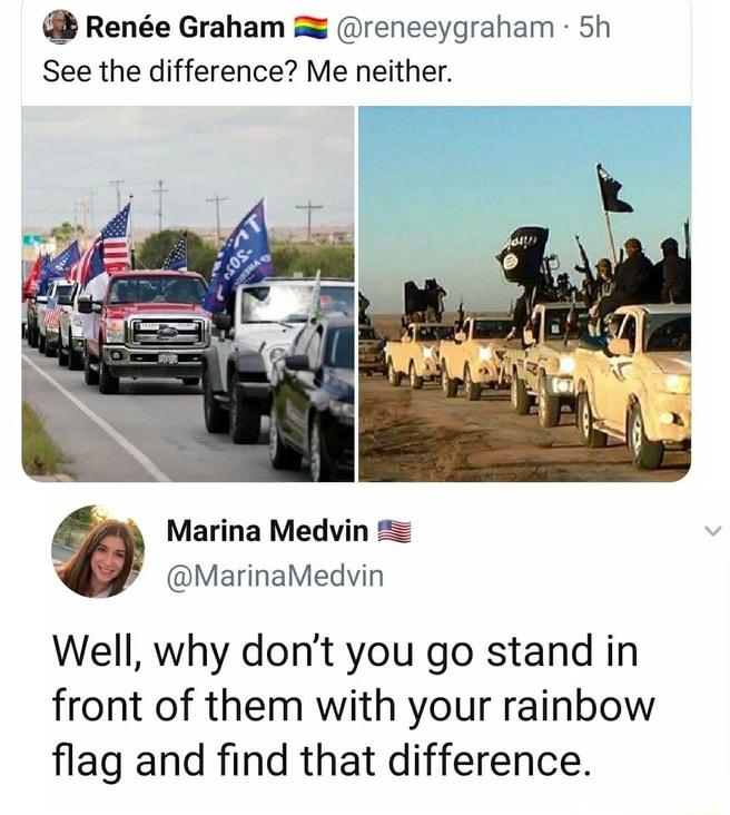 Rene Graham reneeygraham 5h See the difference Me neither Marina Medvin 2 9 MarinaMedvin Well why dont you go stand in front of them with your rainbow flag and find that difference