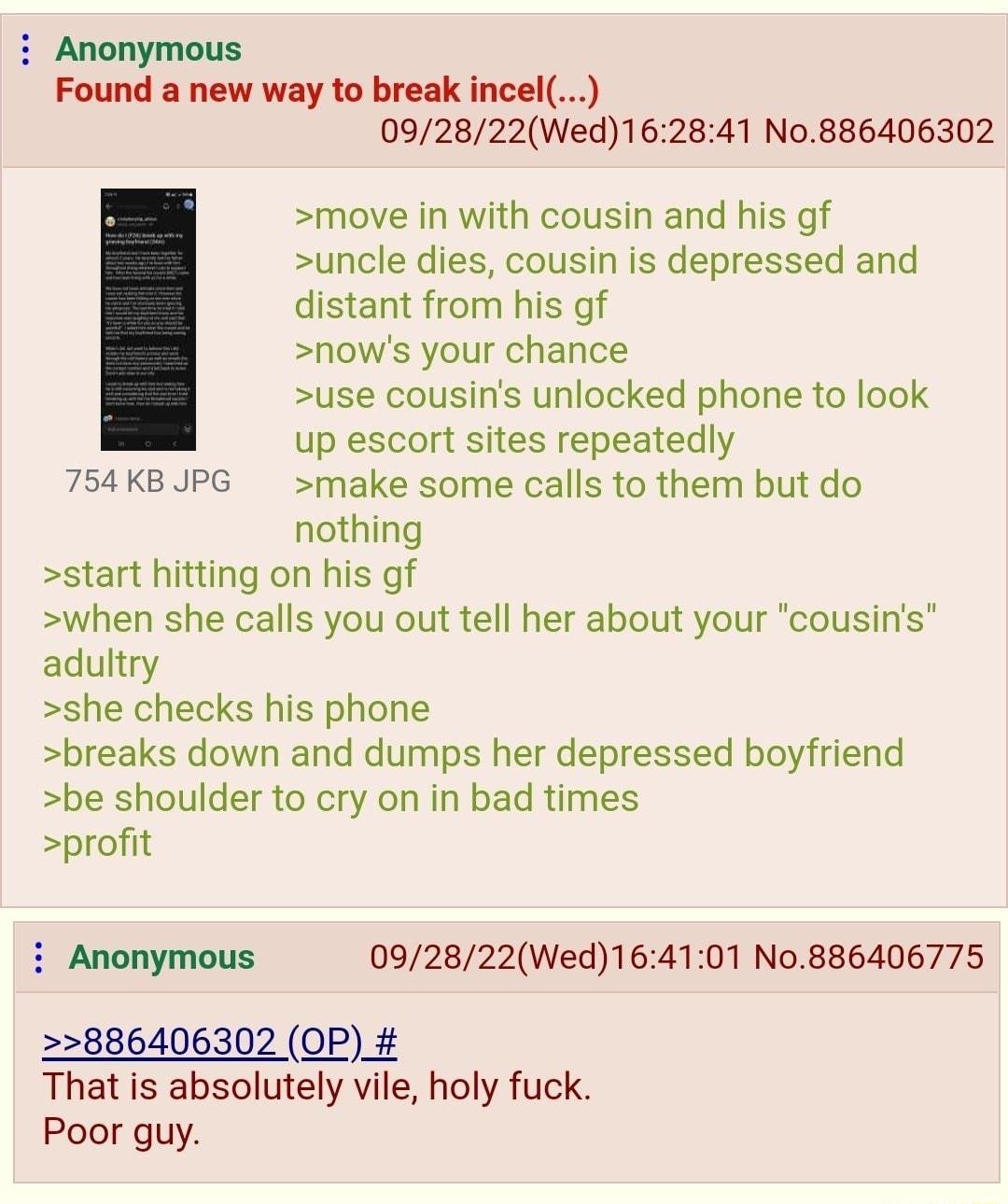 i Anonymous Found a new way to break incel 092822Wed162841 No886406302 move in with cousin and his gf suncle dies cousin is depressed and distant from his gf nows your chance suse cousins unlocked phone to look up escort sites repeatedly 754KBJPG make some calls to them but do nothing start hitting on his gf when she calls you out tell her about your cousins adultry she checks his phone breaks dow