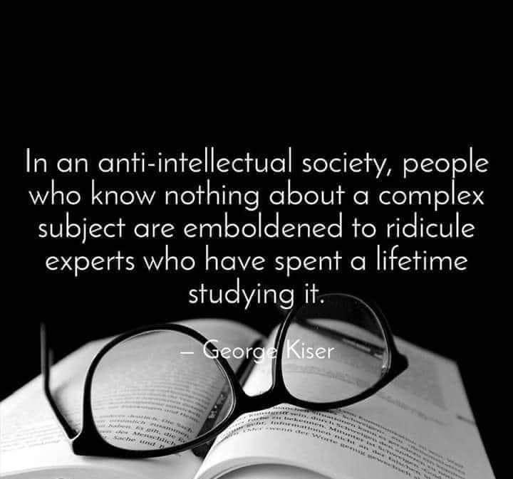 In an anti intellectual society people who know nothing about a complex subject are emboldened to ridicule experts who have spent a lifetime studying it J