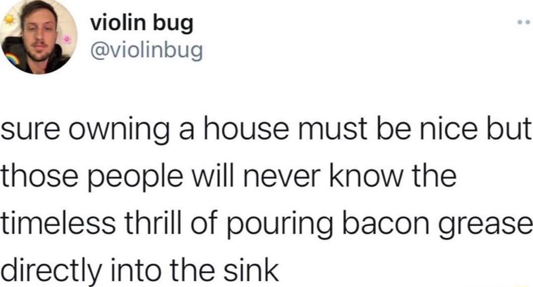 violin bug violinbug sure owning a house must be nice but those people will never know the timeless thrill of pouring bacon grease directly into the sink