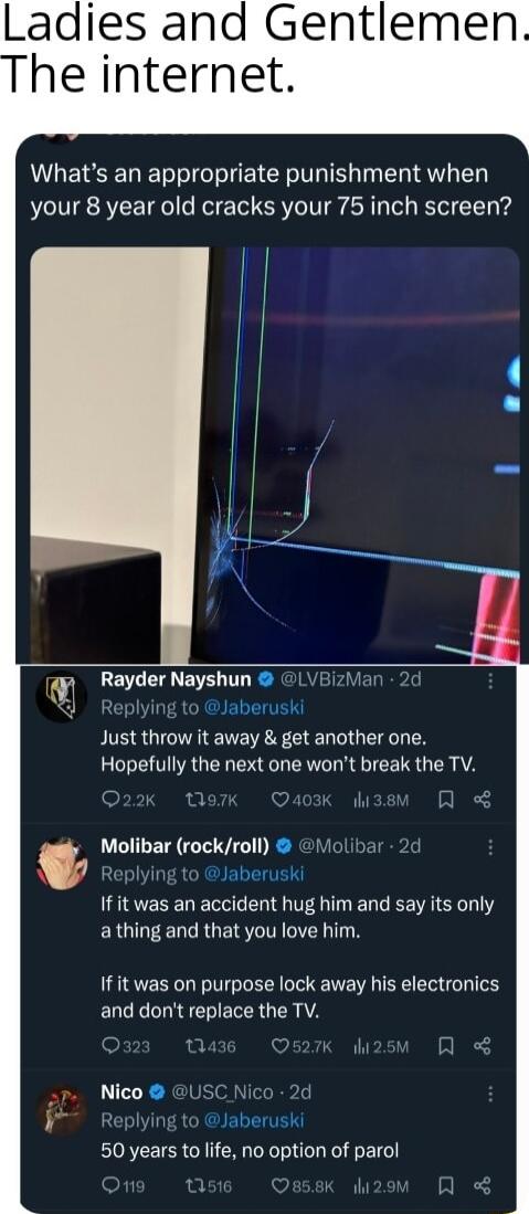 Ladies and Gentlemen he internet Whats an appropriate punishment when your 8 year old cracks your 75 inch screen Rayder Nayshun Just throw it away get another one Hopefully the next one wont break the TV Molibar rockroll Molibar 2d If it was an accident hug him and say its only athing and that you love him If it was on purpose lock away his electronics and dont replace the TV Nico C Nico 2d eplyin