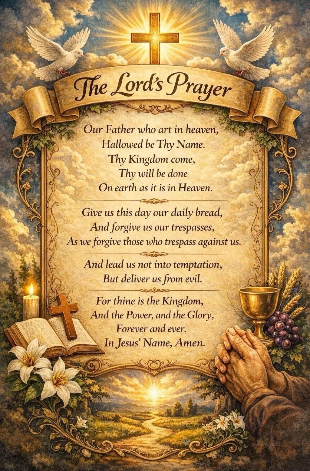 The Lord's Prayer. Our Father who art in heaven, Hallowed be Thy Name. Thy Kingdom come, Thy will be done On earth as it is in Heaven. Give us this day our daily bread, And forgive us our trespasses, As we forgive those who trespass against us. And lead us not into temptation, But deliver us from evil. For thine is the Kingdom, And the Power, and t
