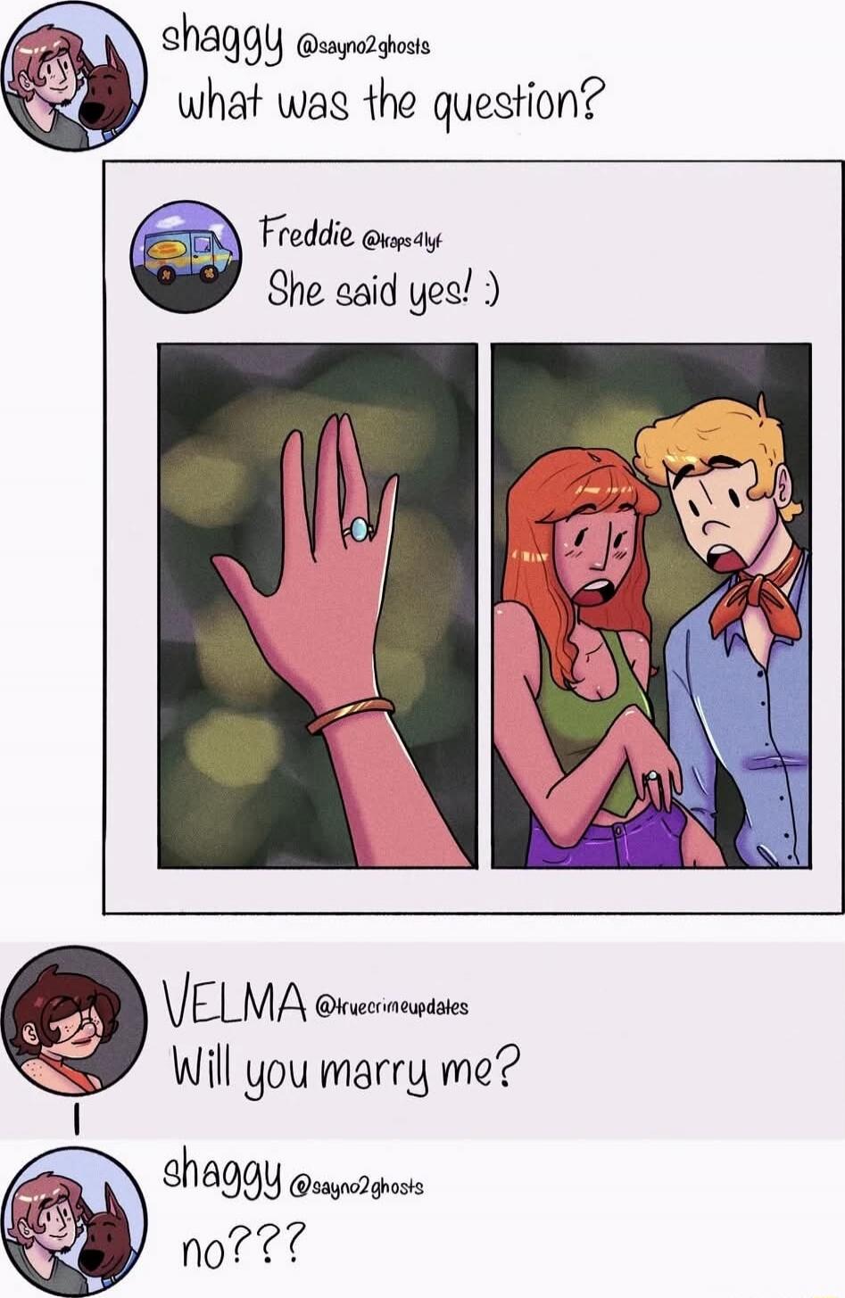 shaggy what was the question? Freddie She said yes! :) Velma Will you marry me? shaggy no???