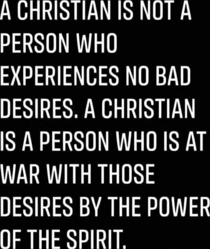 A Christian is not a person who experiences no bad desires. A Christian is a person who is at war with those desires by the power of the Spirit.